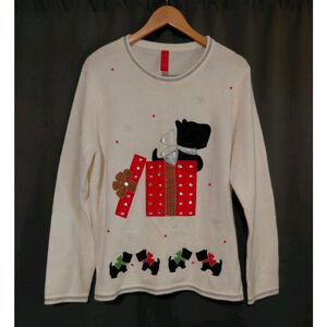 Holiday Time Christmas Scotty Dog Presents Pullover Cream Embroidered Size Large